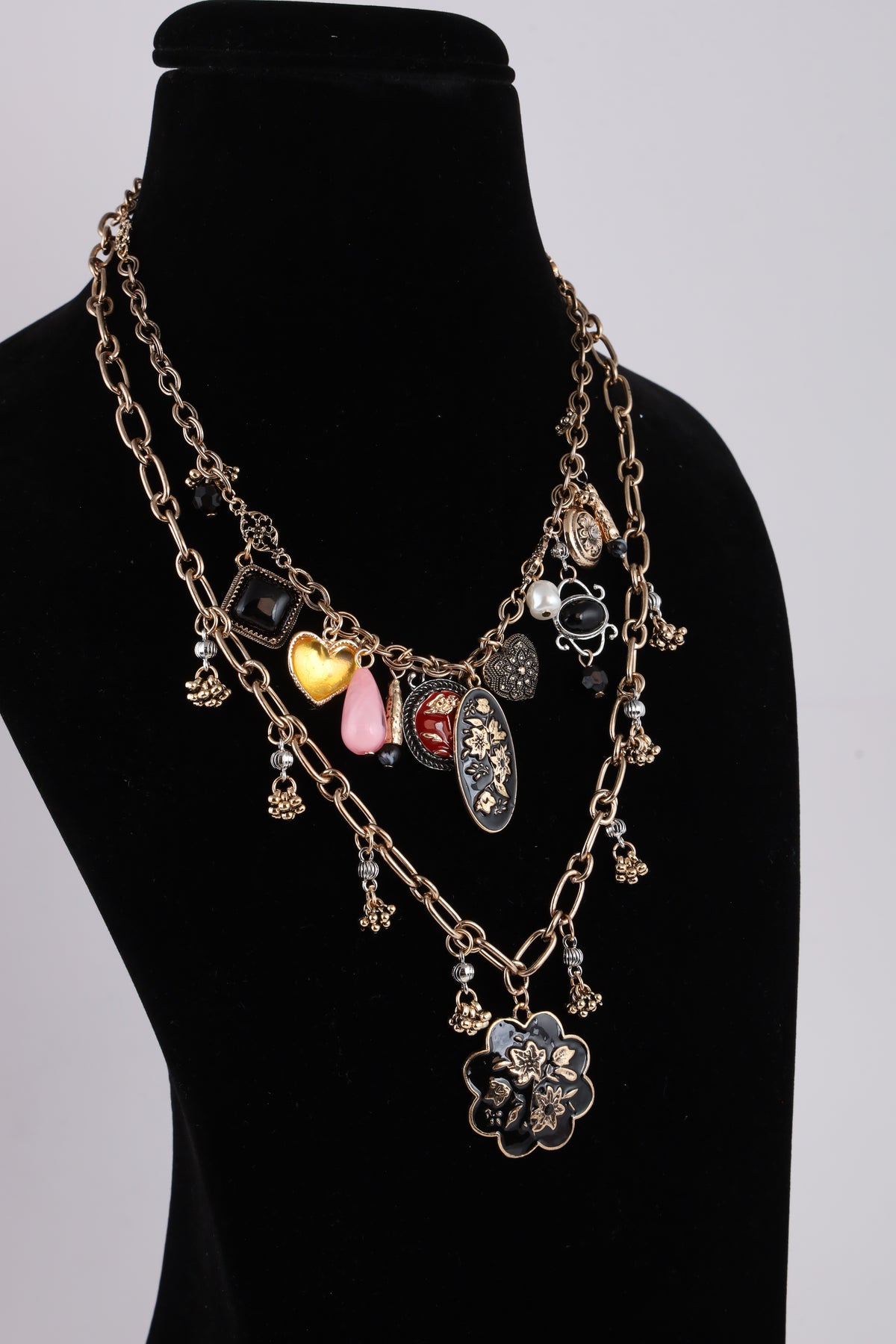 Vintage Layered Charm Necklace with Floral Pendant