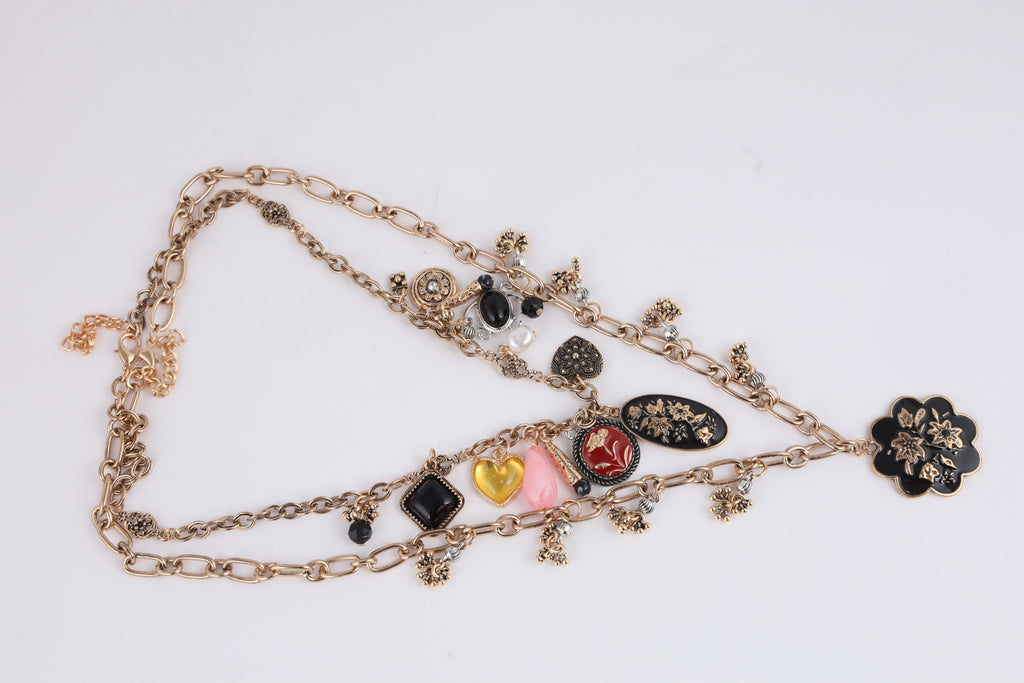 Vintage Layered Charm Necklace with Floral Pendant
