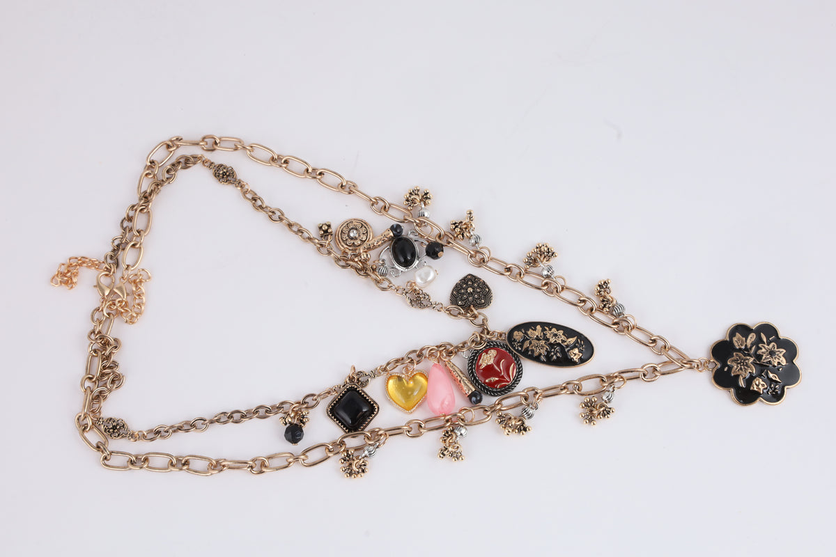 Vintage Layered Charm Necklace with Floral Pendant