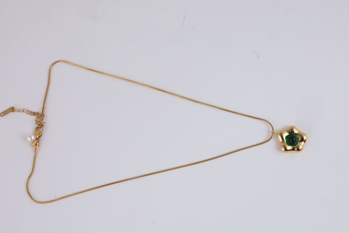Gold-Tone Green Stone & Pearl Pendant Necklace