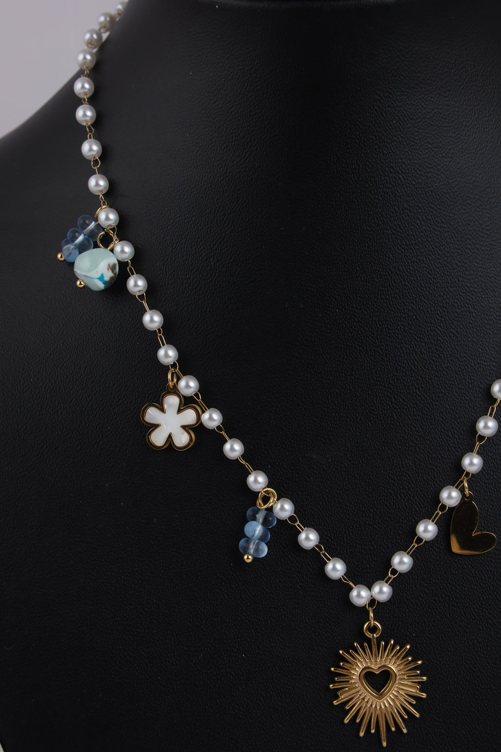 Pearl Necklace with Golden Heart Sunburst Pendant