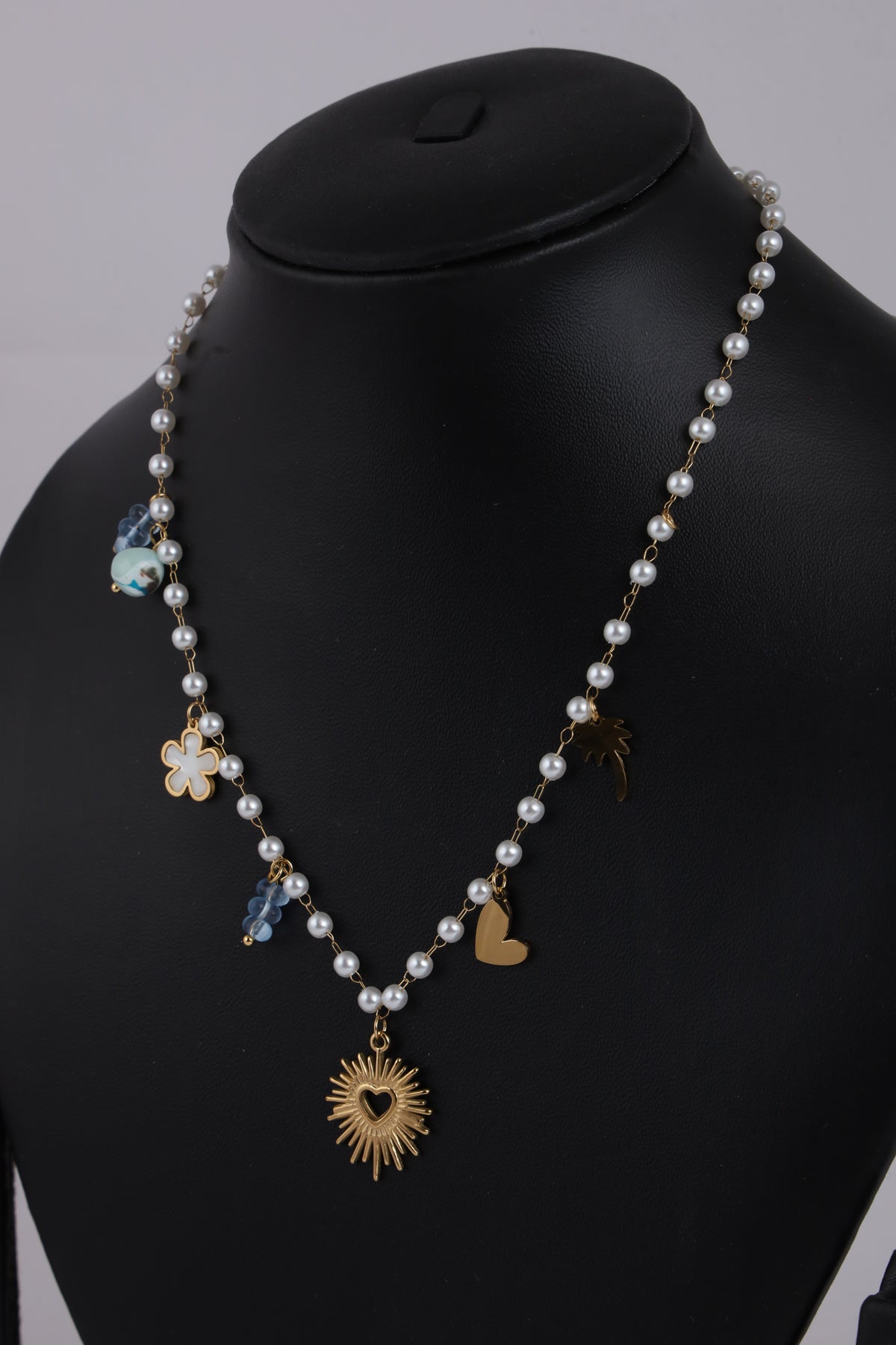 Pearl Necklace with Golden Heart Sunburst Pendant