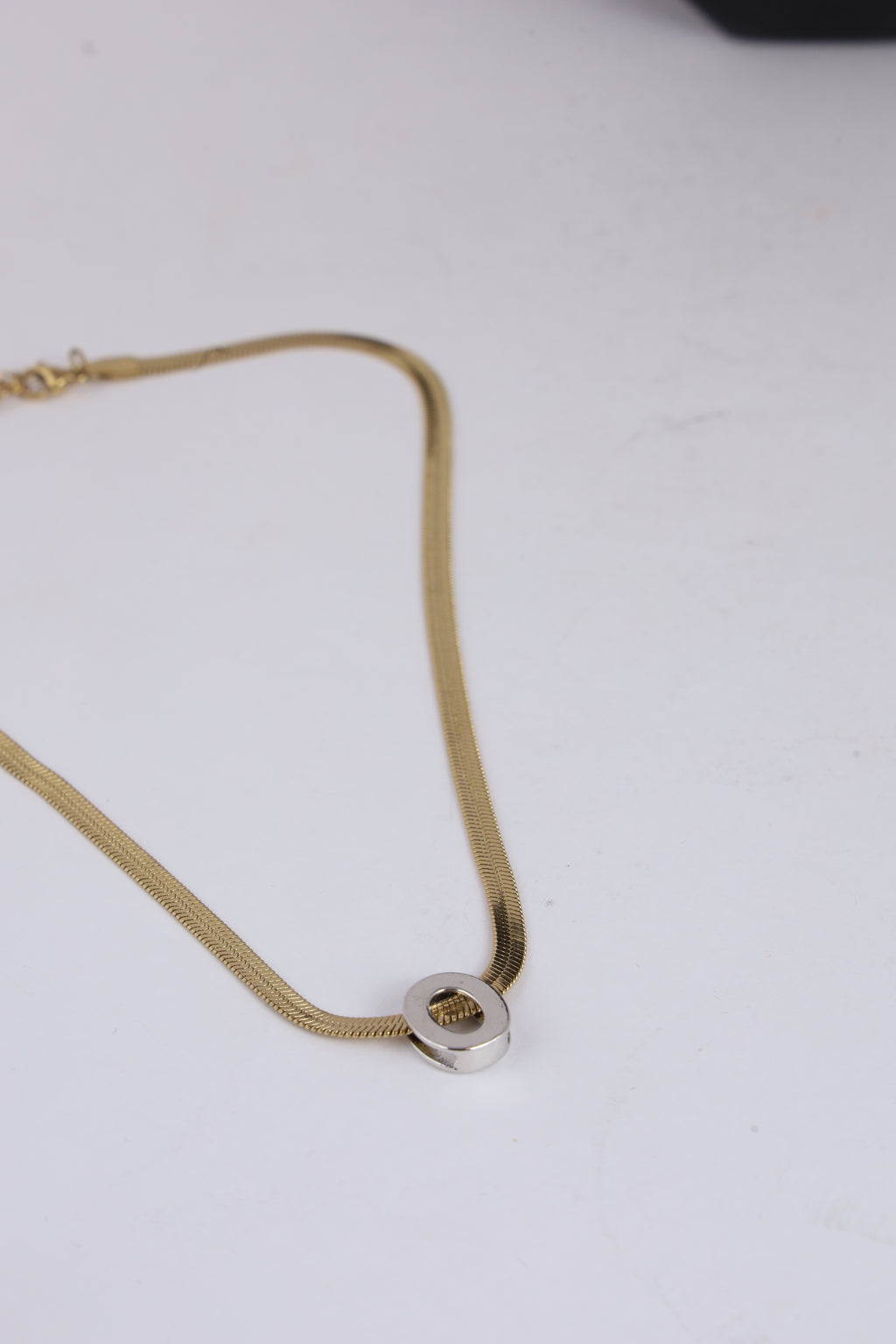 Gold-Tone Herringbone Chain Necklace with Oval Pendant