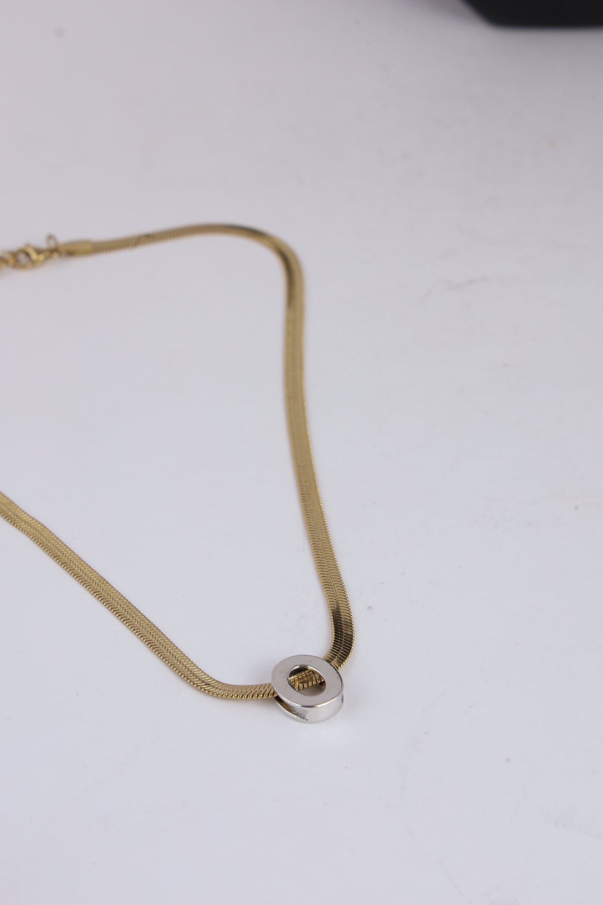 Gold-Tone Herringbone Chain Necklace with Oval Pendant