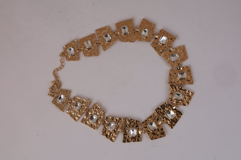 Gold-Tone Geometric Statement Necklace with Crystal Accents