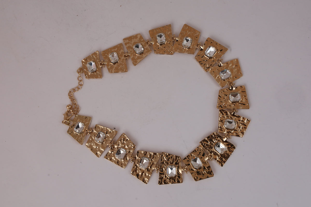 Gold-Tone Geometric Statement Necklace with Crystal Accents