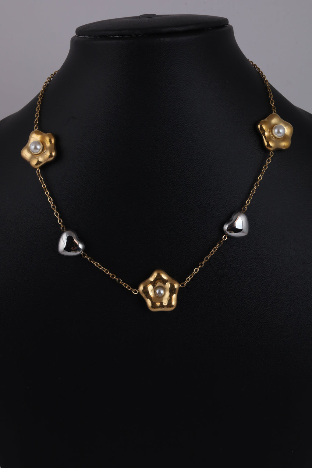 Gold-Tone Floral Necklace with Pearl and Heart Accents