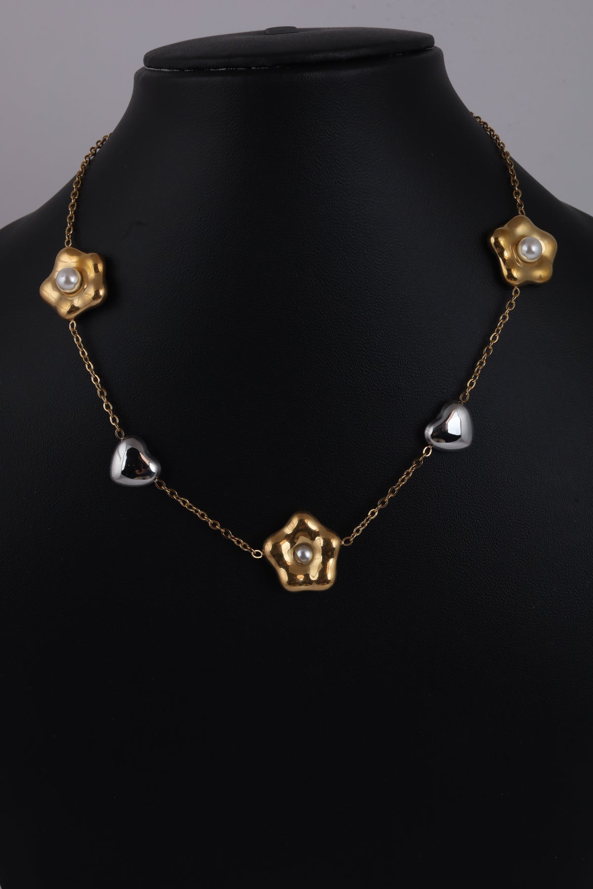 Gold-Tone Floral Necklace with Pearl and Heart Accents