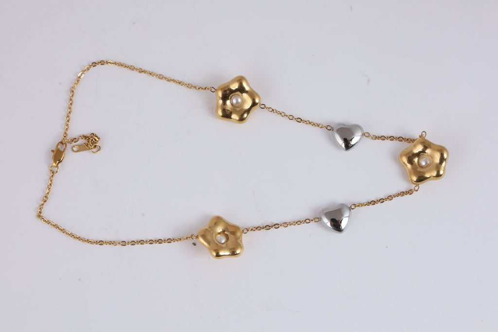 Gold-Tone Floral Necklace with Pearl and Heart Accents