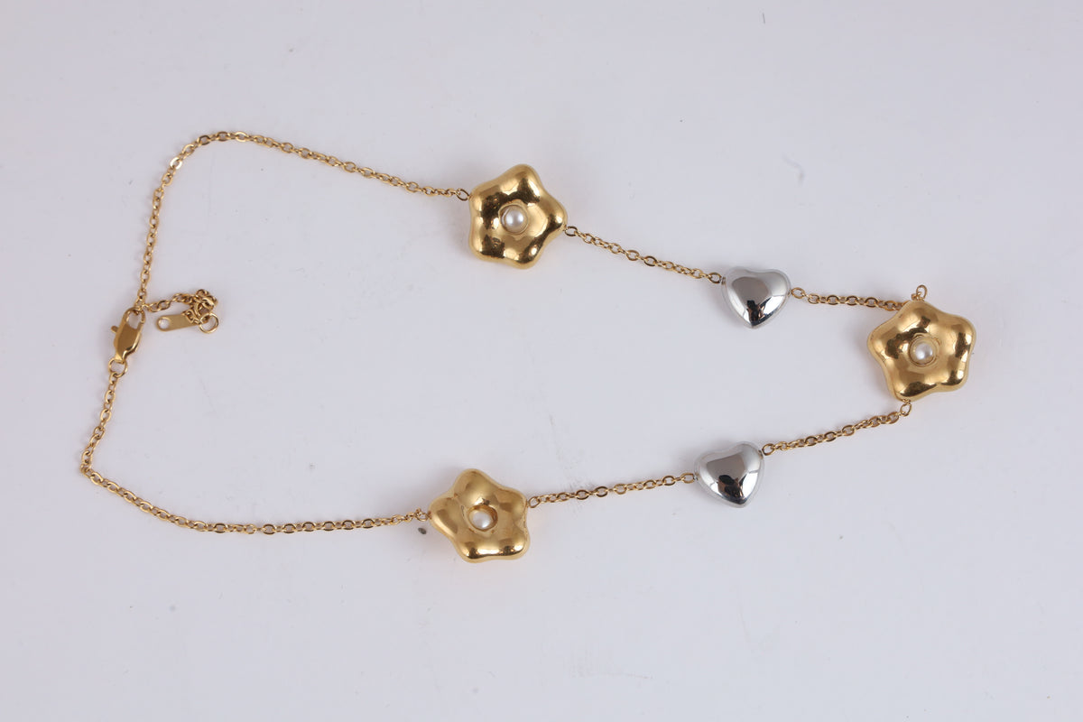 Gold-Tone Floral Necklace with Pearl and Heart Accents