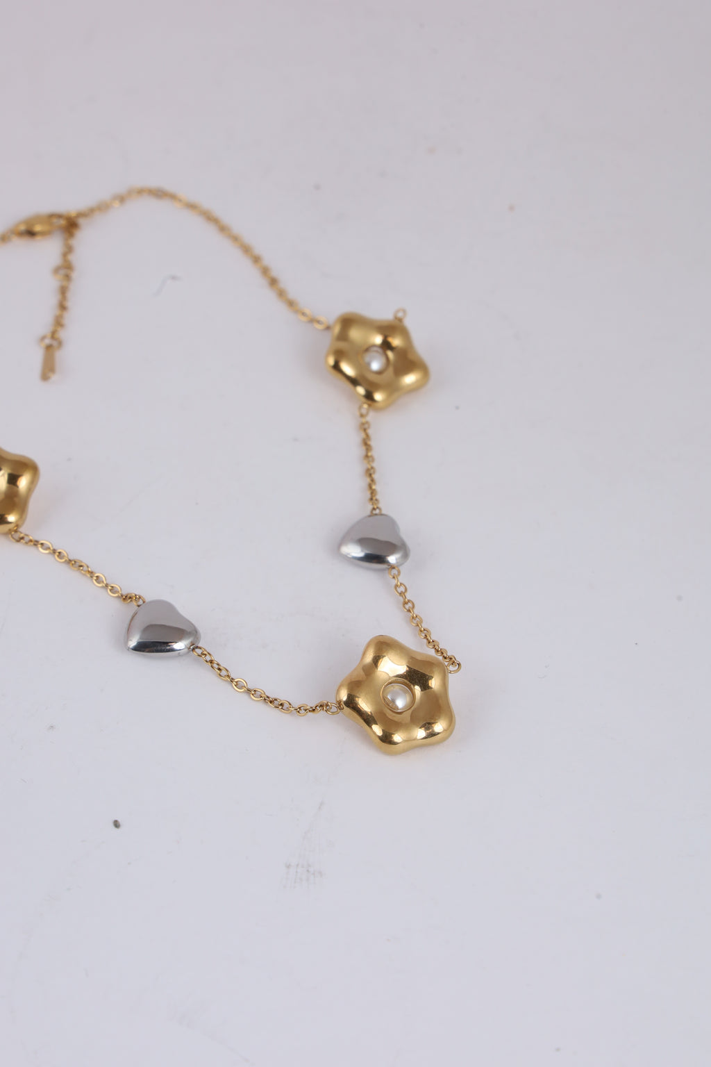 Gold-Tone Floral Necklace with Pearl and Heart Accents