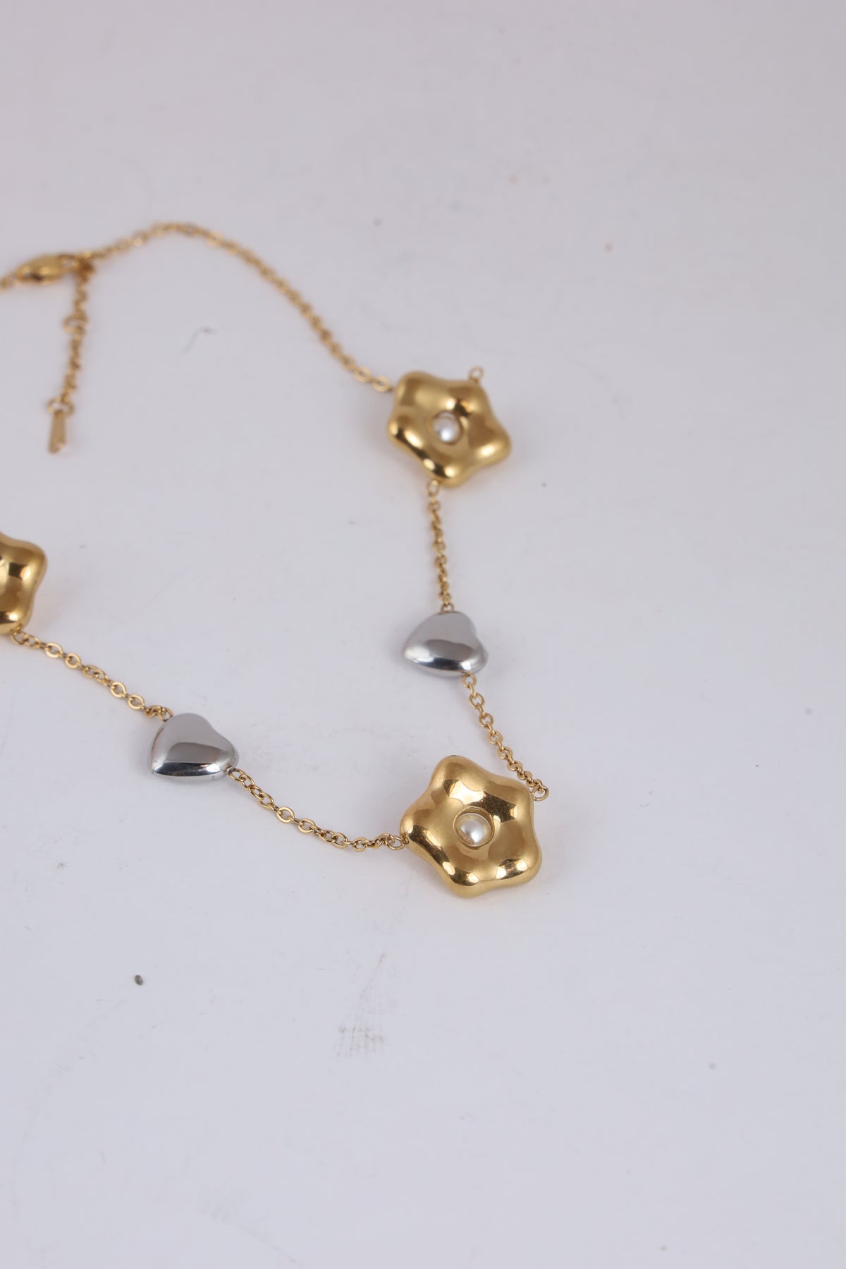 Gold-Tone Floral Necklace with Pearl and Heart Accents