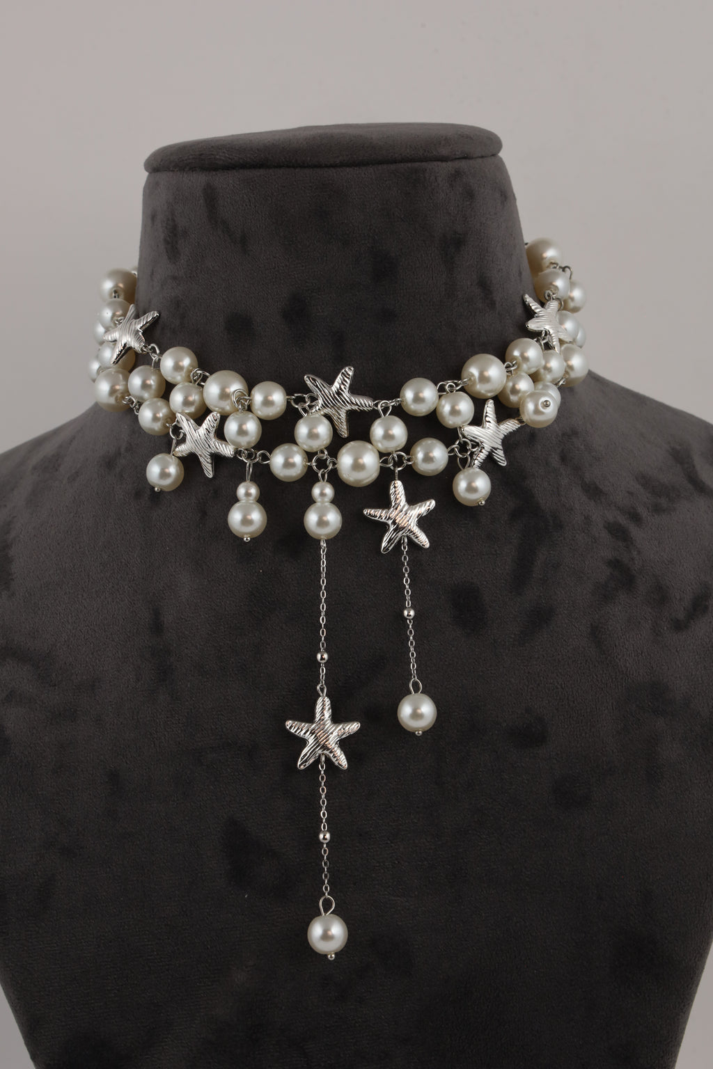Silver-Tone Pearl Choker Necklace with Starfish Charms
