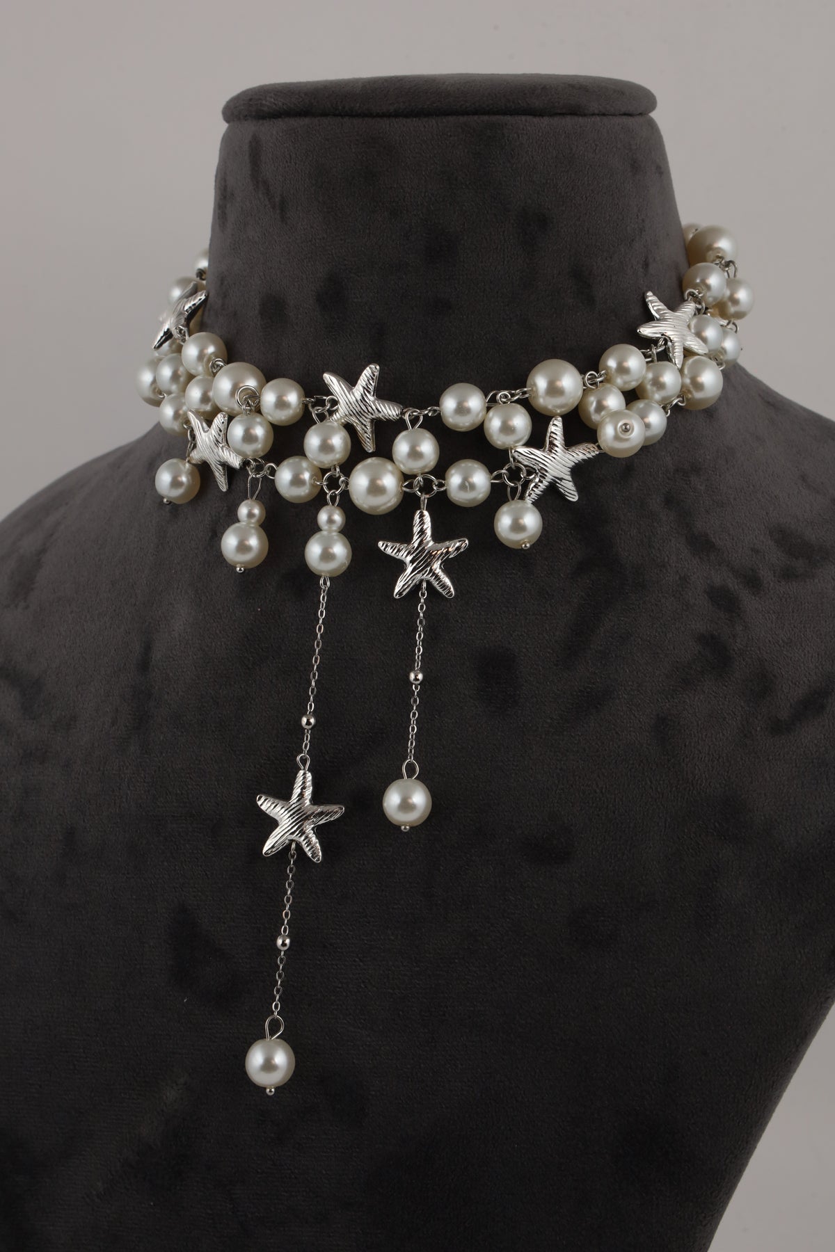Silver-Tone Pearl Choker Necklace with Starfish Charms