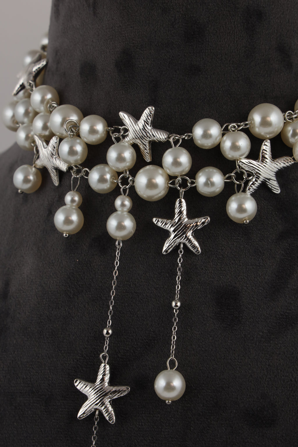 Silver-Tone Pearl Choker Necklace with Starfish Charms