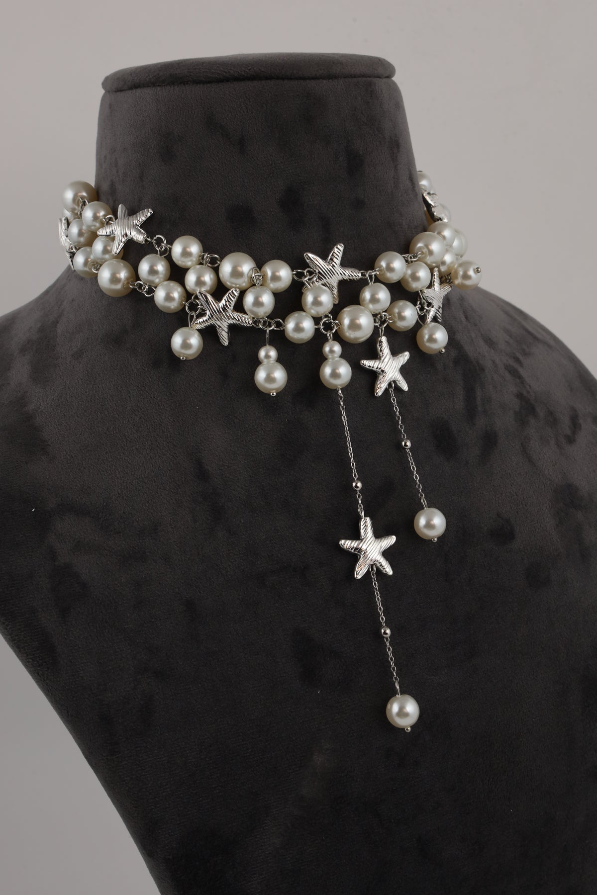 Silver-Tone Pearl Choker Necklace with Starfish Charms