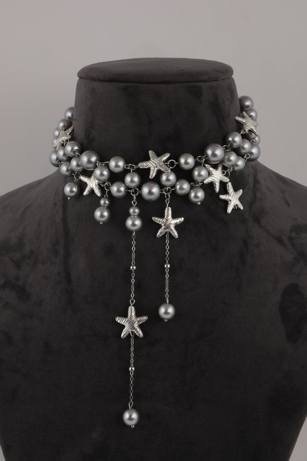 Grey Pearl Choker Necklace with Silver Starfish Charms