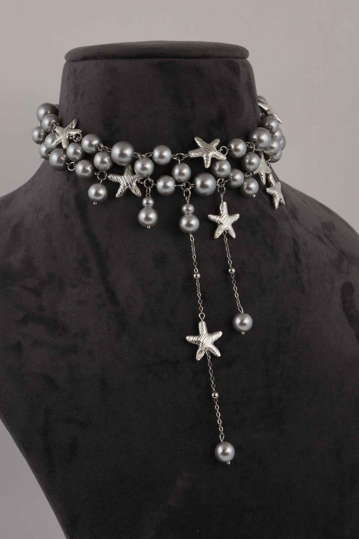 Grey Pearl Choker Necklace with Silver Starfish Charms