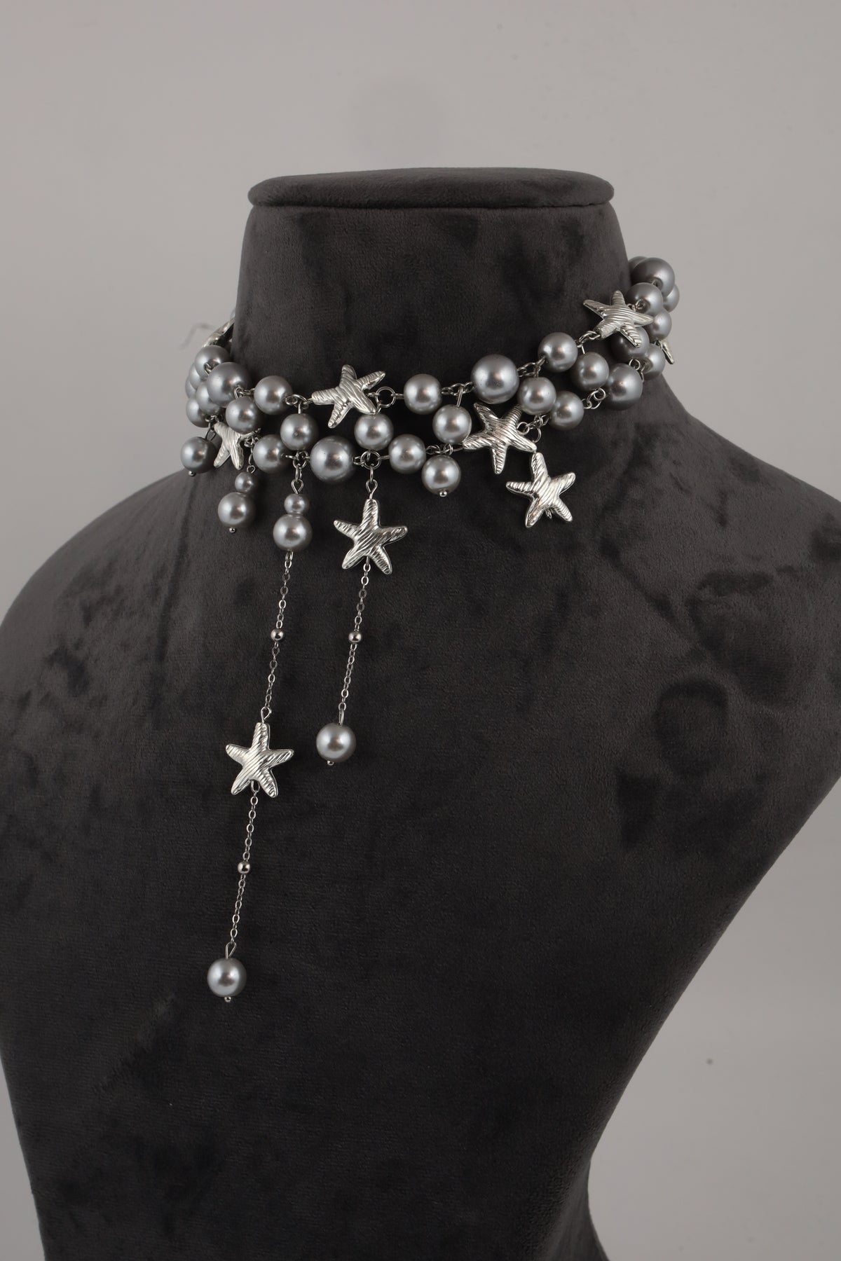 Grey Pearl Choker Necklace with Silver Starfish Charms