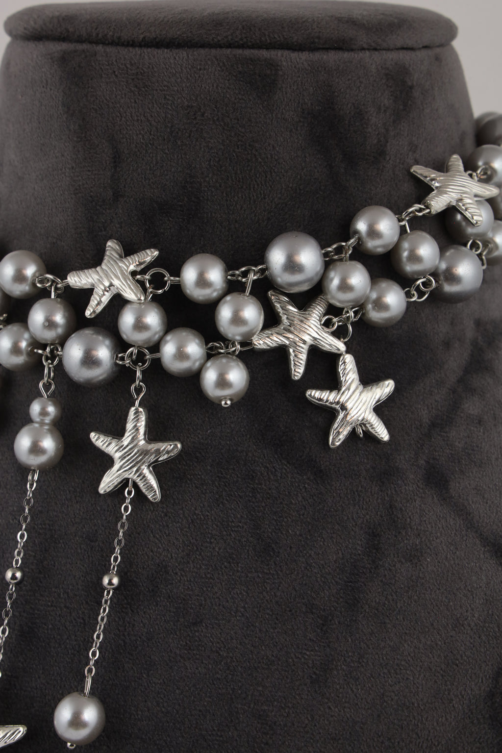 Grey Pearl Choker Necklace with Silver Starfish Charms