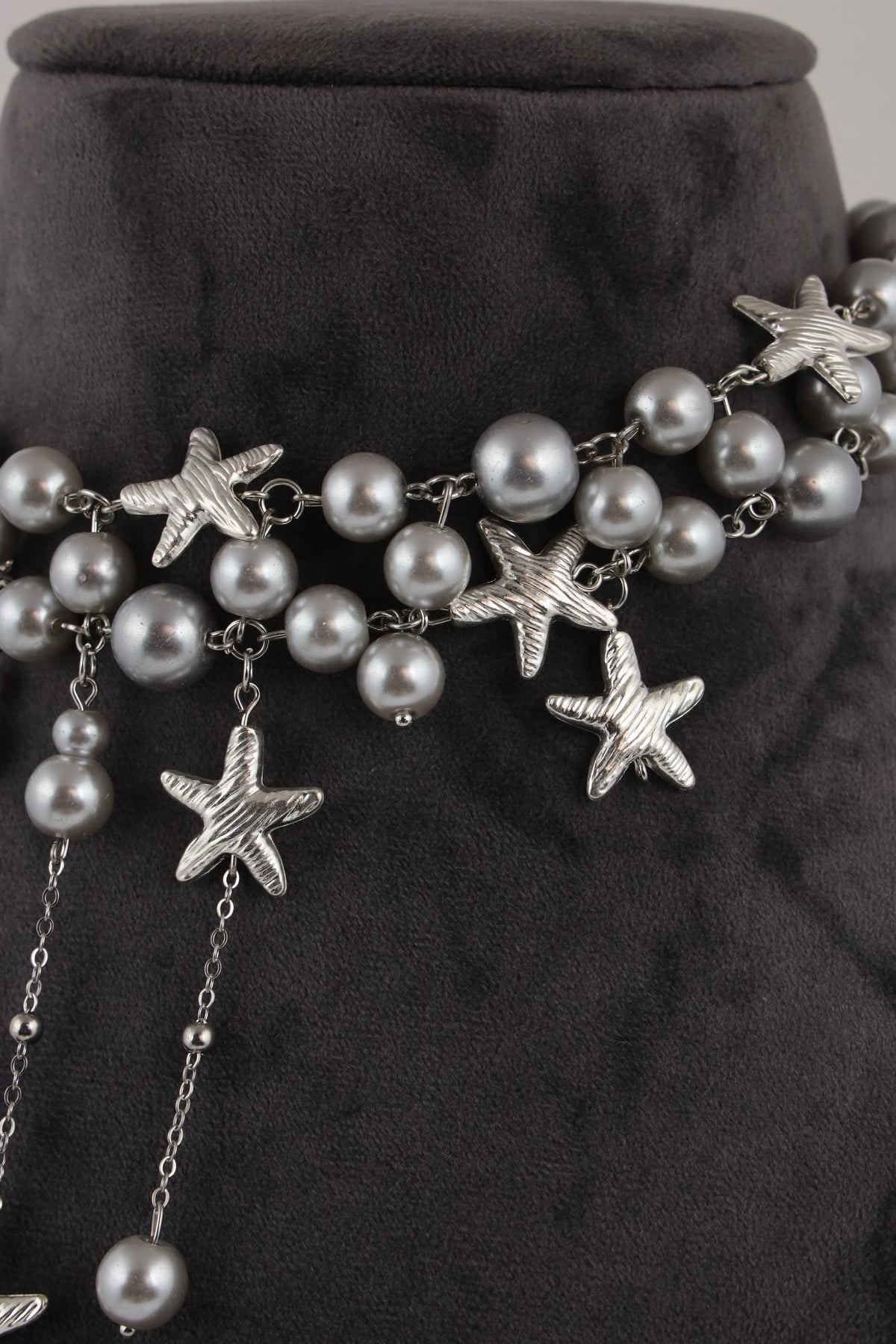 Grey Pearl Choker Necklace with Silver Starfish Charms
