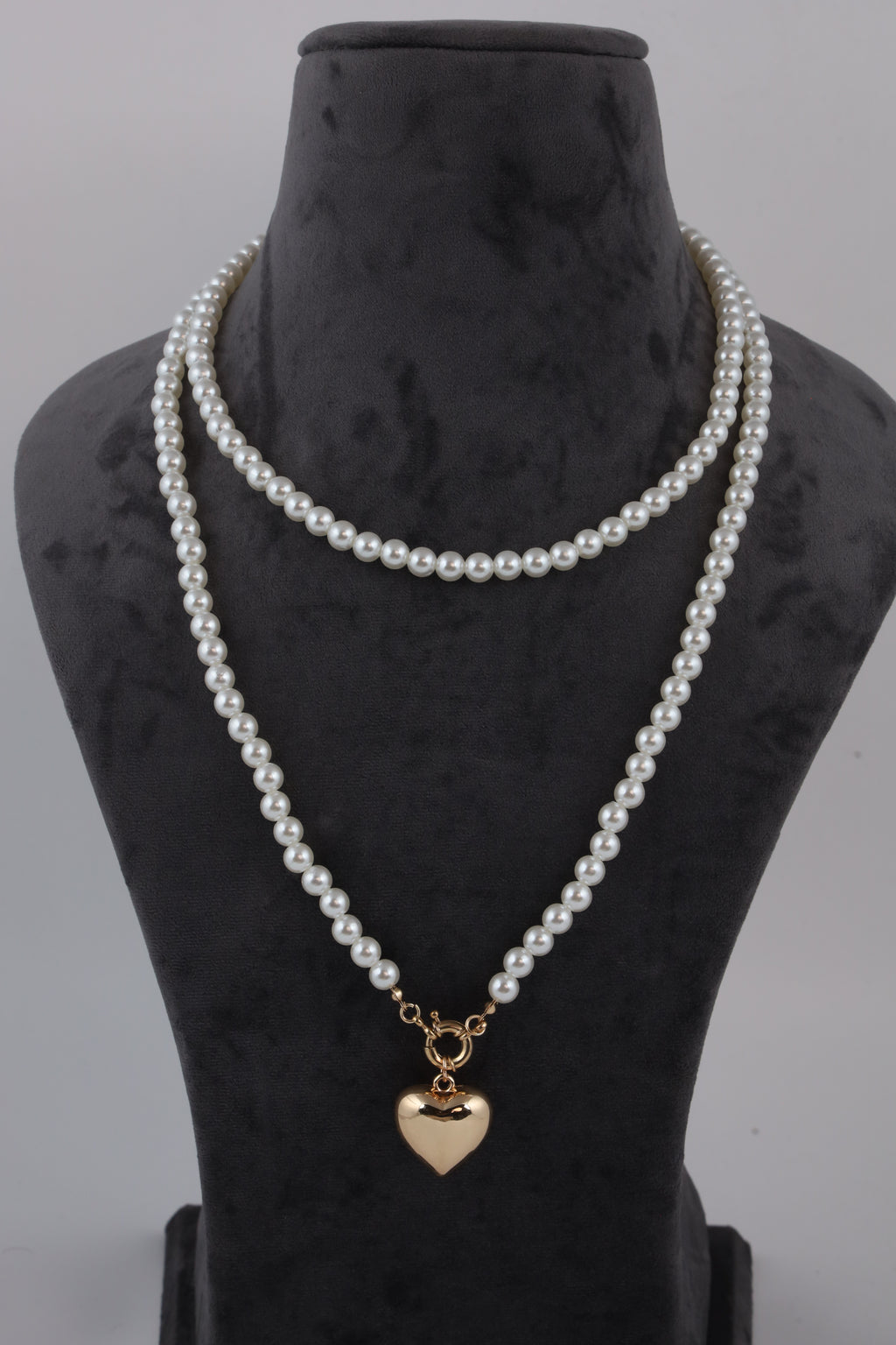 Double Layer Pearl Necklace with Golden Heart