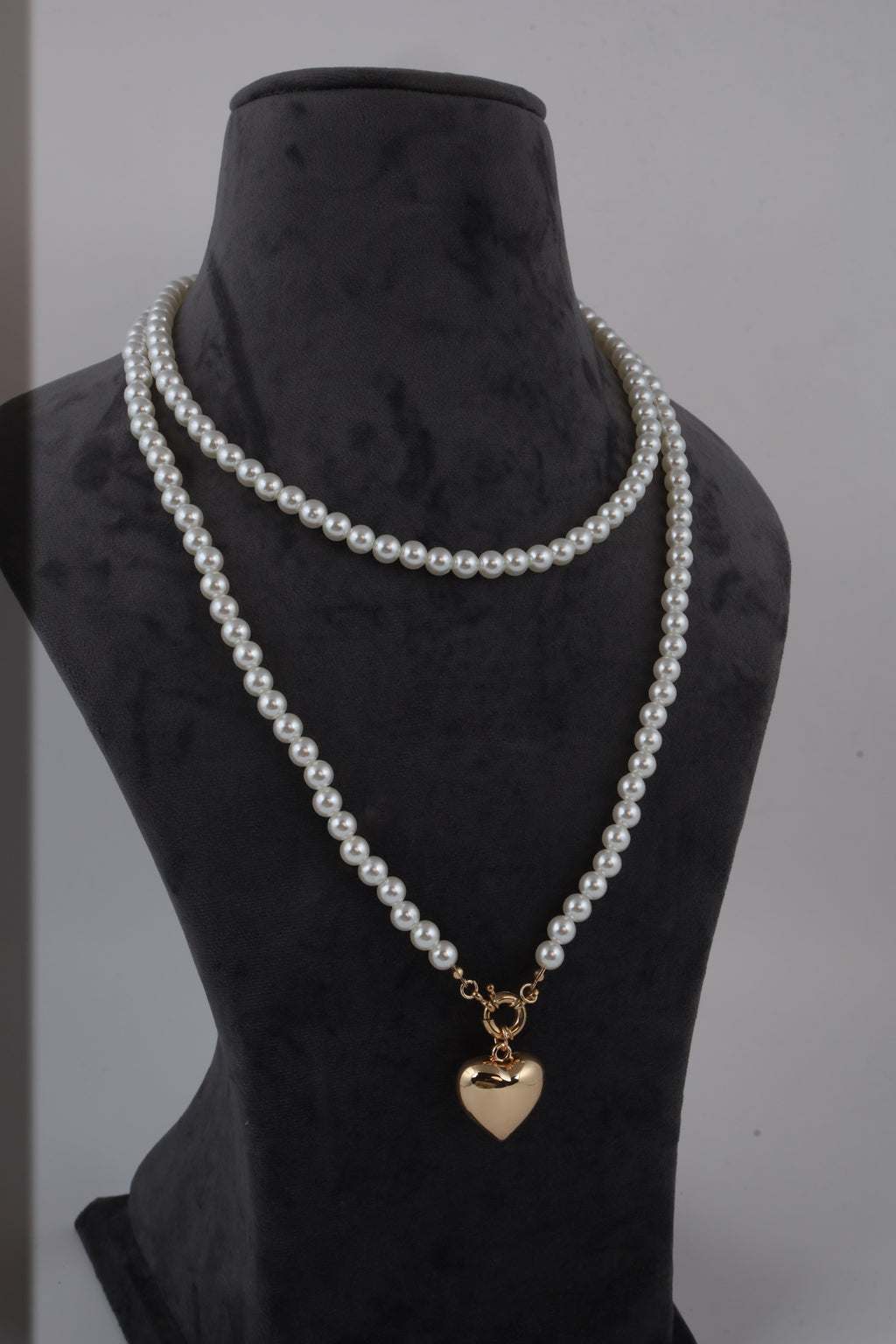 Double Layer Pearl Necklace with Golden Heart