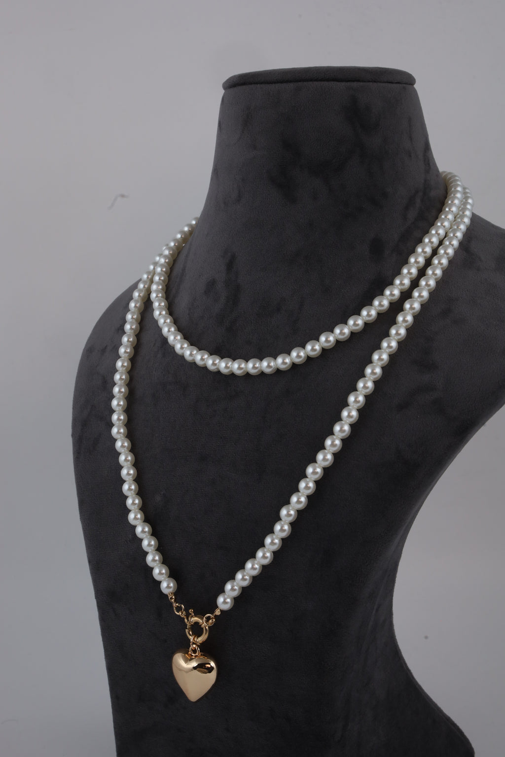 Double Layer Pearl Necklace with Golden Heart