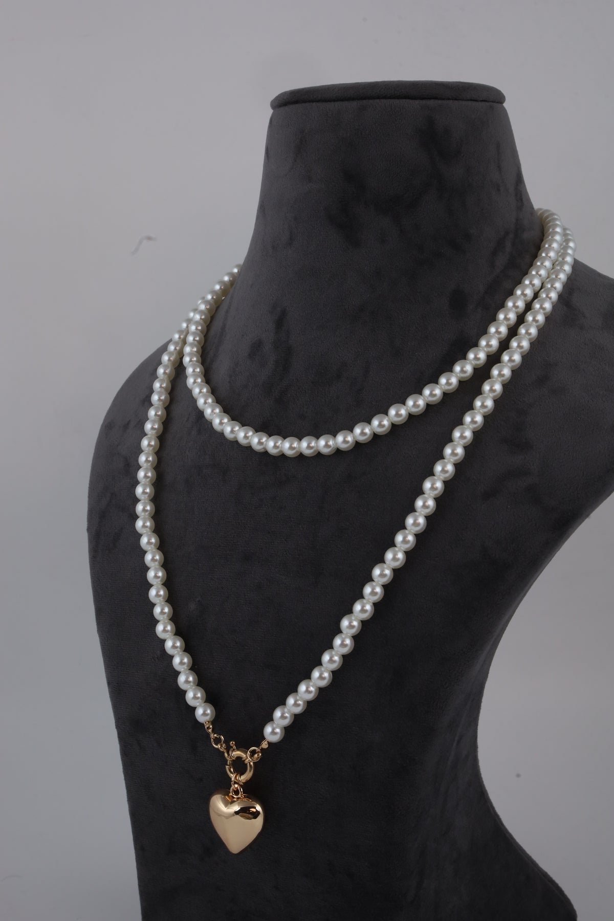Double Layer Pearl Necklace with Golden Heart