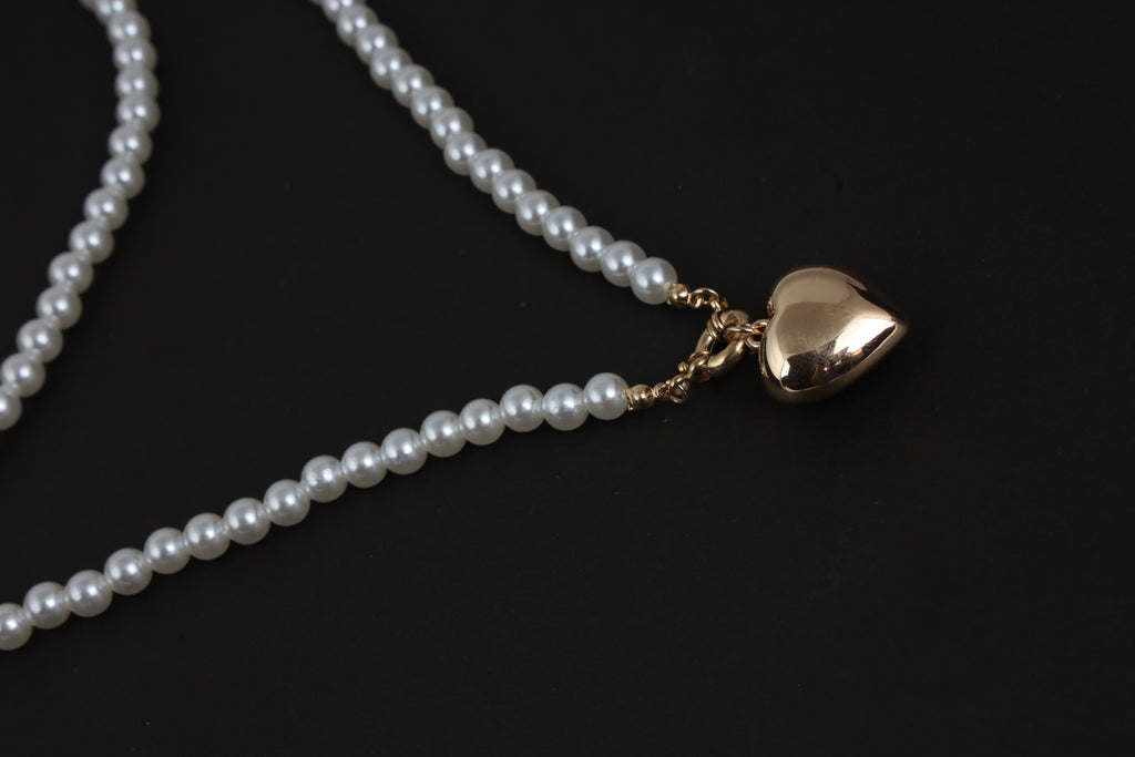 Double Layer Pearl Necklace with Golden Heart