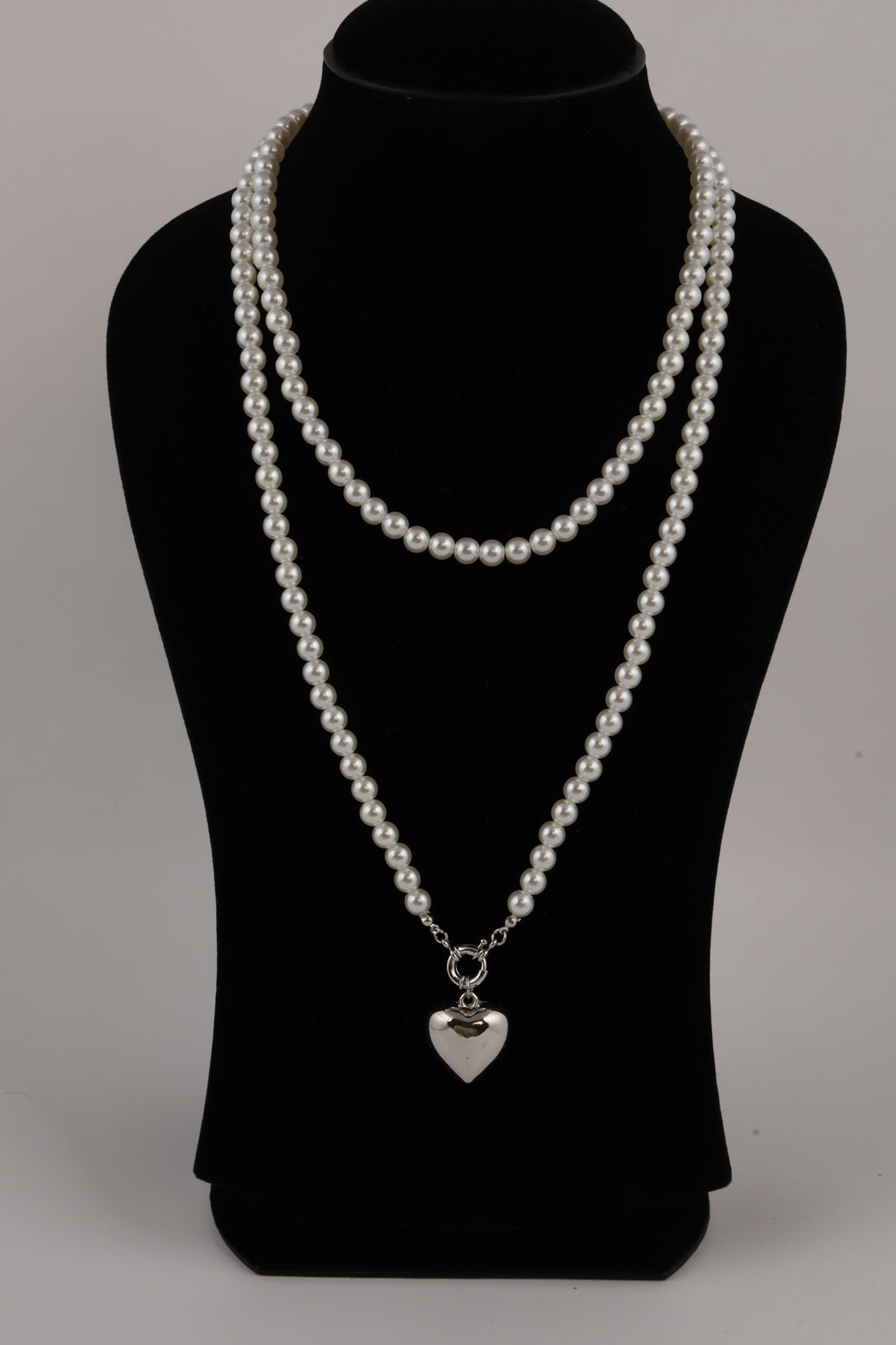 Double Layer Pearl Necklace with Silver Heart
