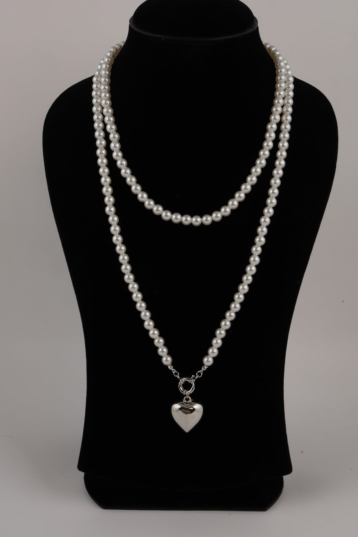 Double Layer Pearl Necklace with Silver Heart