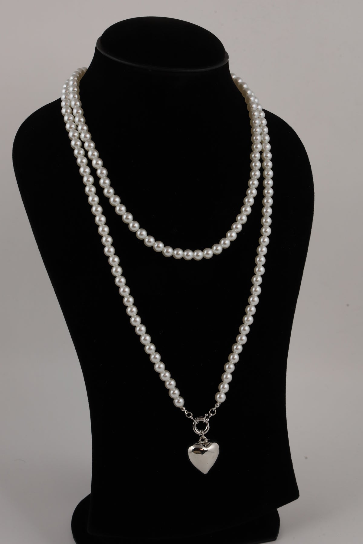 Double Layer Pearl Necklace with Silver Heart