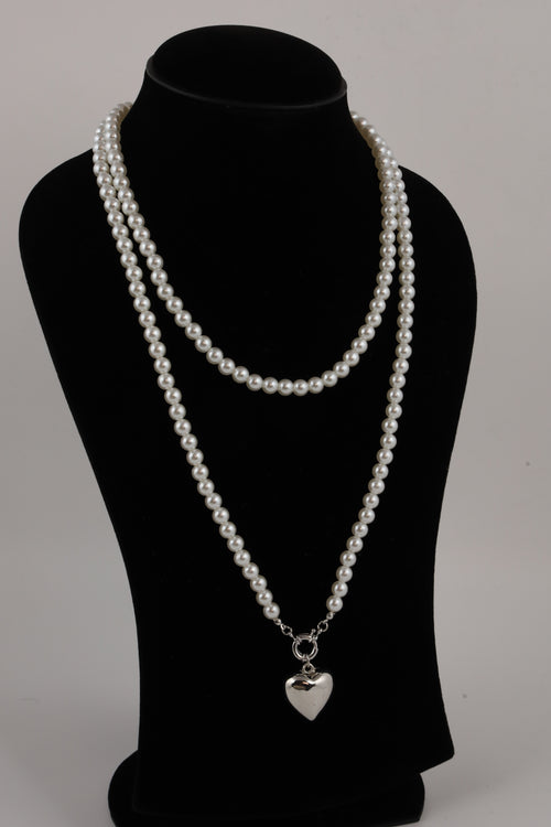 Double Layer Pearl Necklace with Silver Heart
