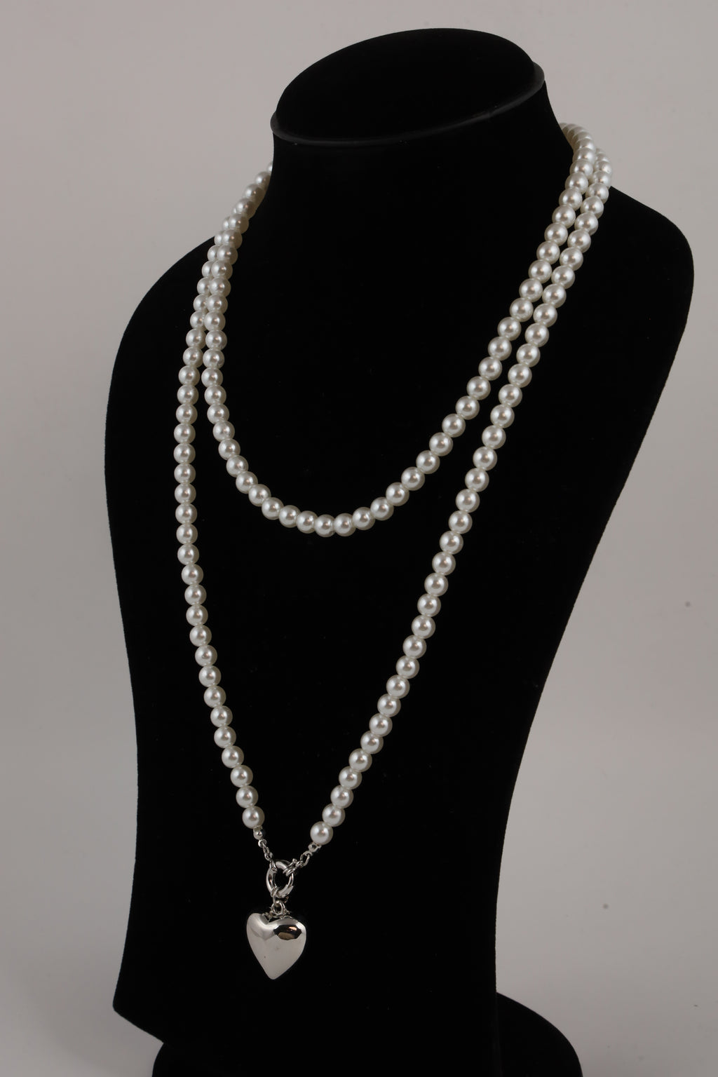 Double Layer Pearl Necklace with Silver Heart
