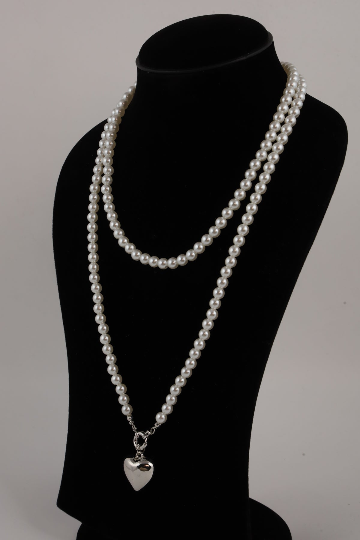 Double Layer Pearl Necklace with Silver Heart