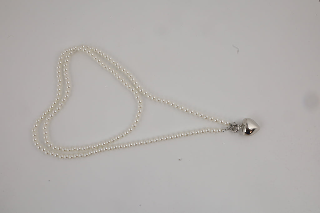 Double Layer Pearl Necklace with Silver Heart