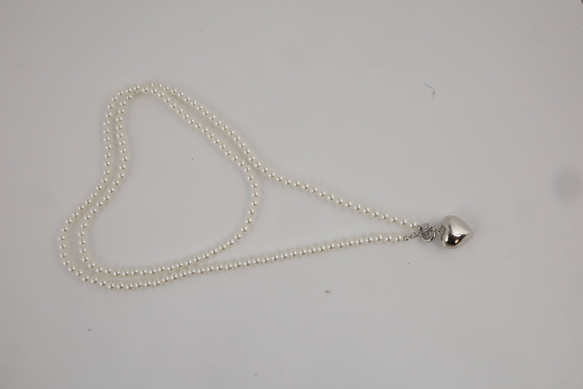 Double Layer Pearl Necklace with Silver Heart