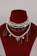 Layered Pearl Choker with Silver Heart Pendant