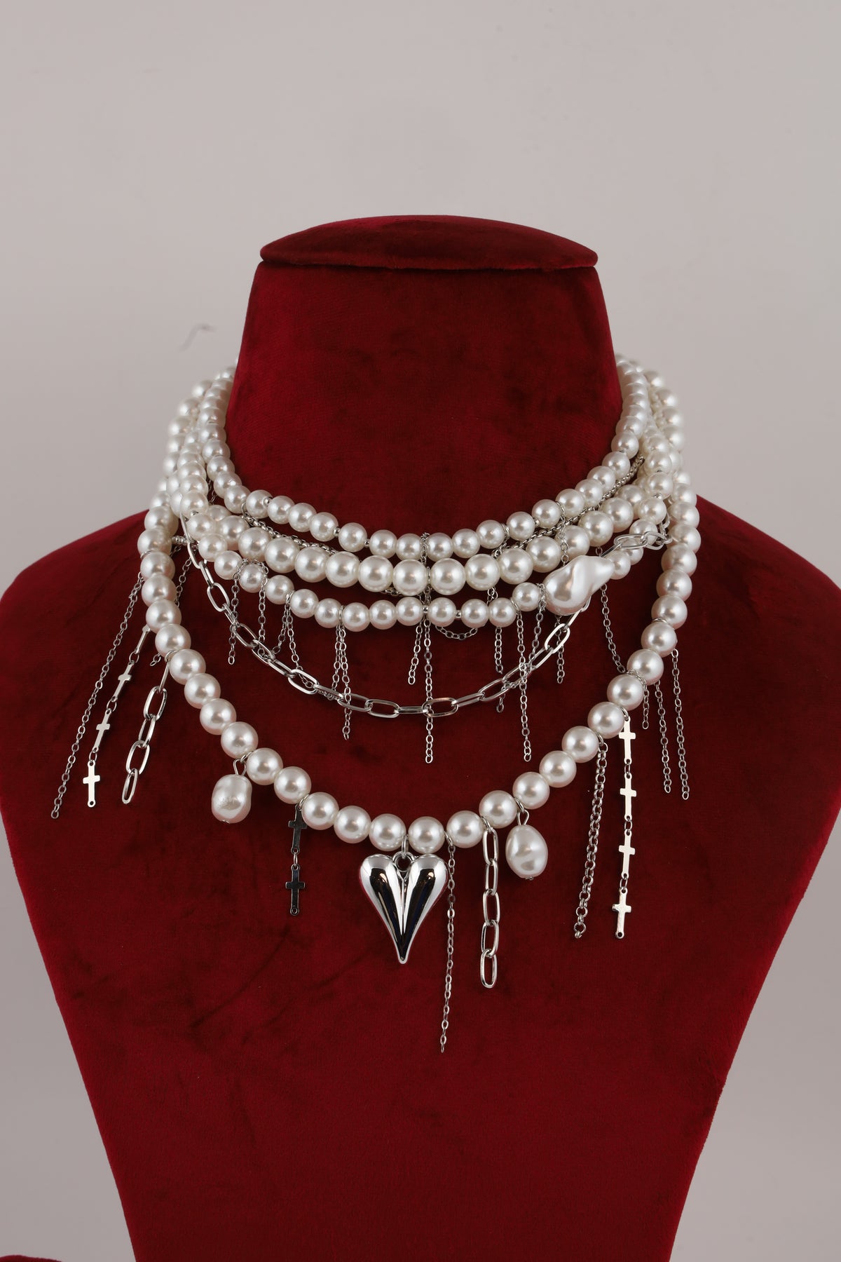 Layered Pearl Choker with Silver Heart Pendant