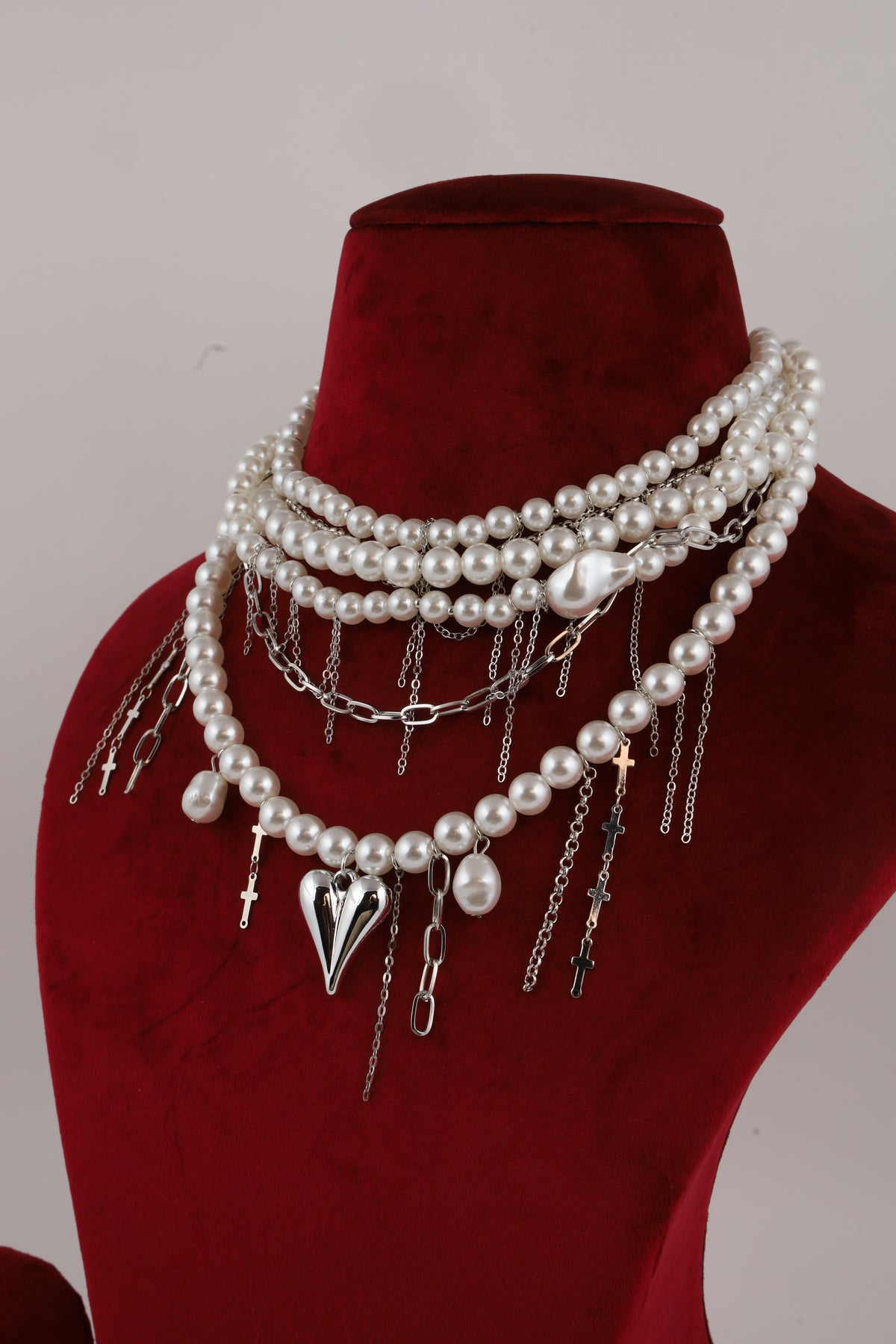 Layered Pearl Choker with Silver Heart Pendant