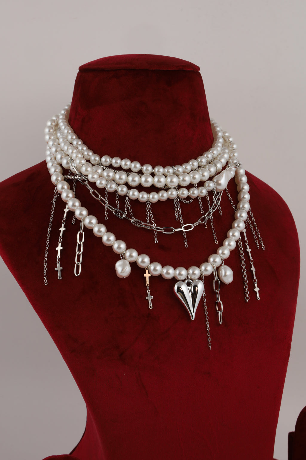 Layered Pearl Choker with Silver Heart Pendant