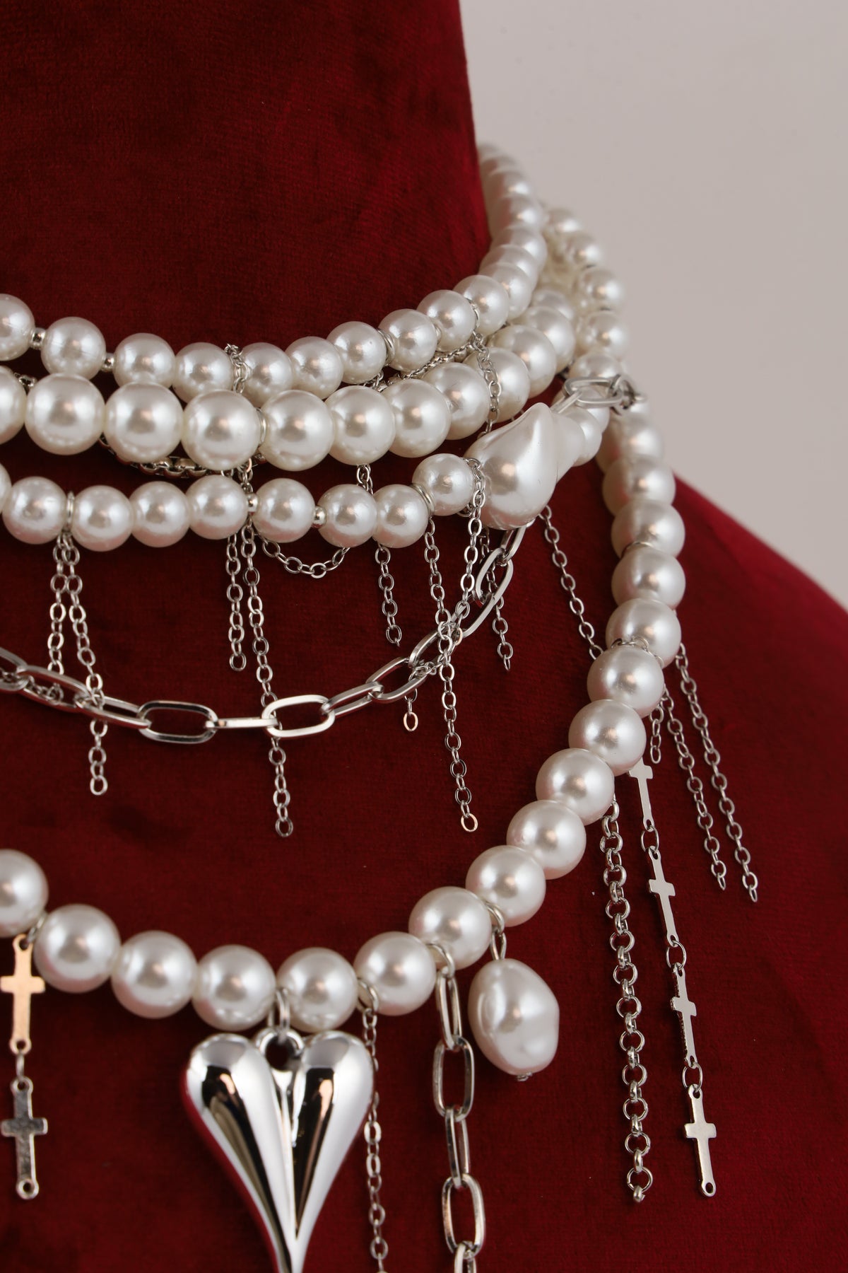 Layered Pearl Choker with Silver Heart Pendant