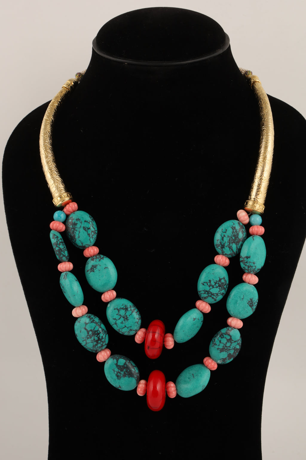 Turquoise Beaded Necklace with Coral Accents