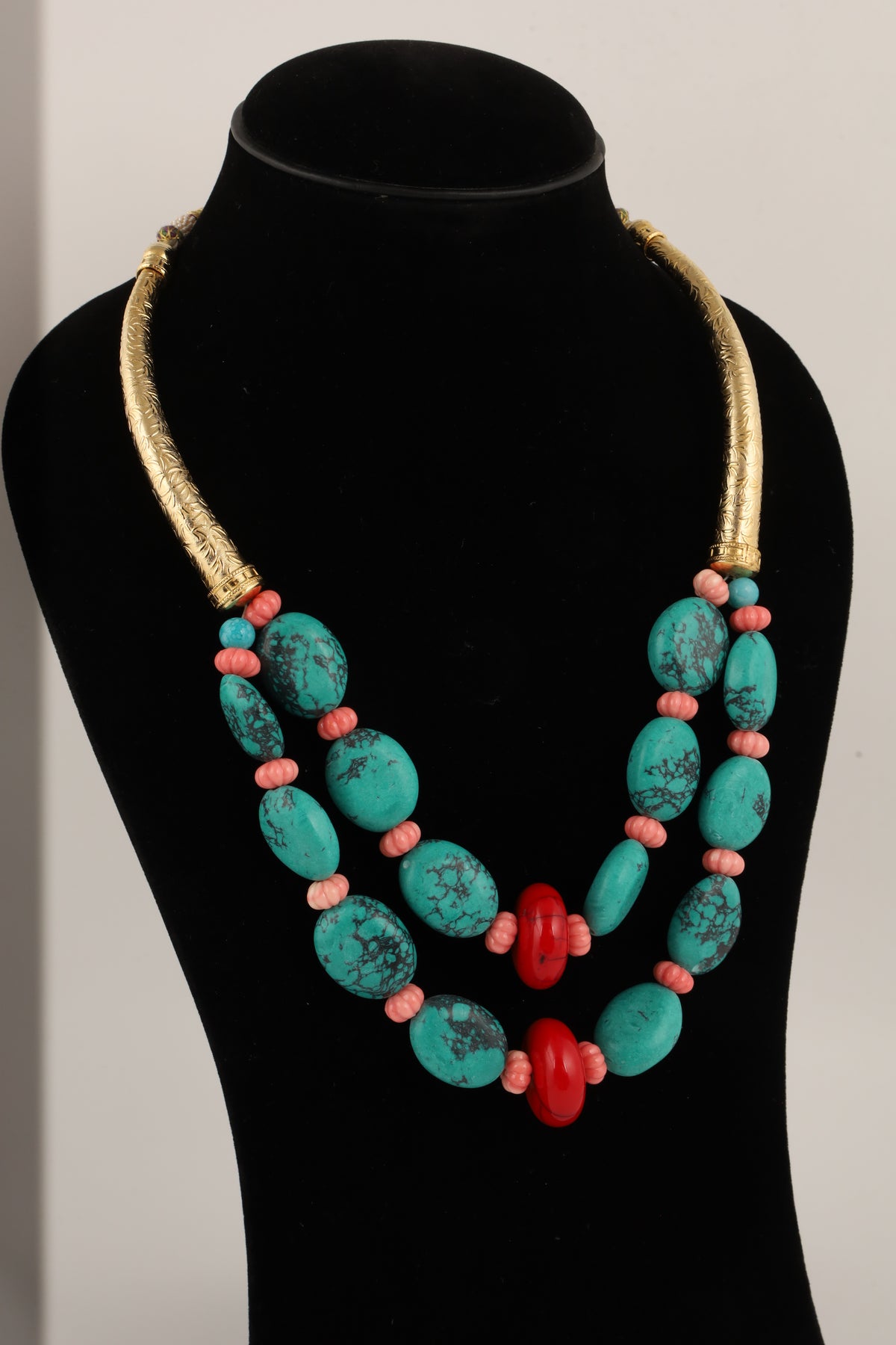 Turquoise Beaded Necklace with Coral Accents