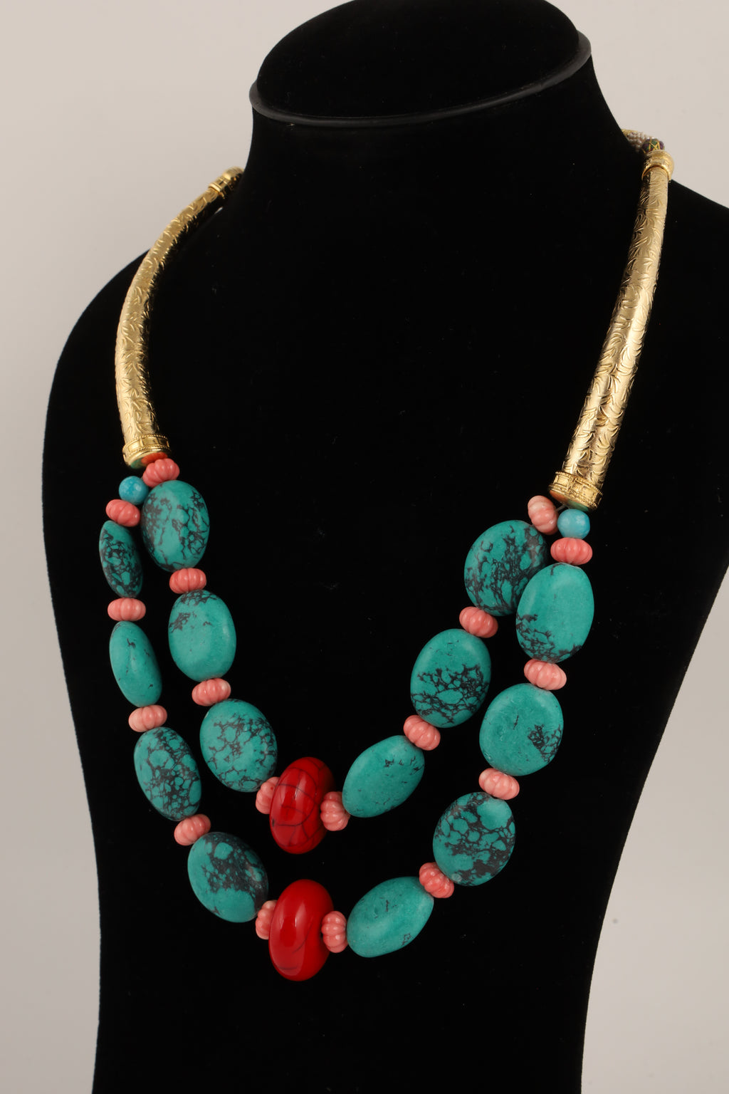 Turquoise Beaded Necklace with Coral Accents