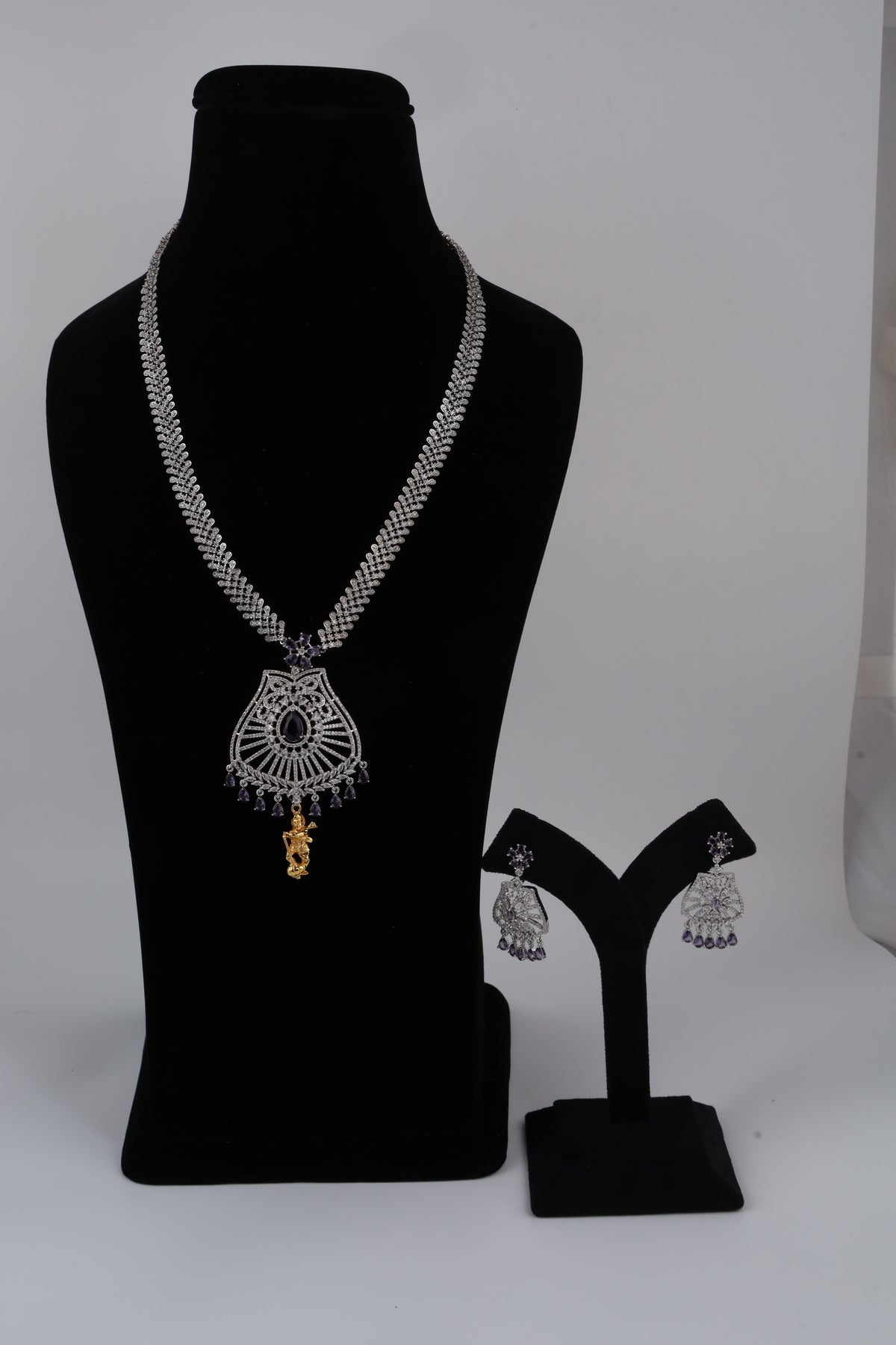 Silver-Tone Statement Necklace Set with Purple Accents & Matching Earrings