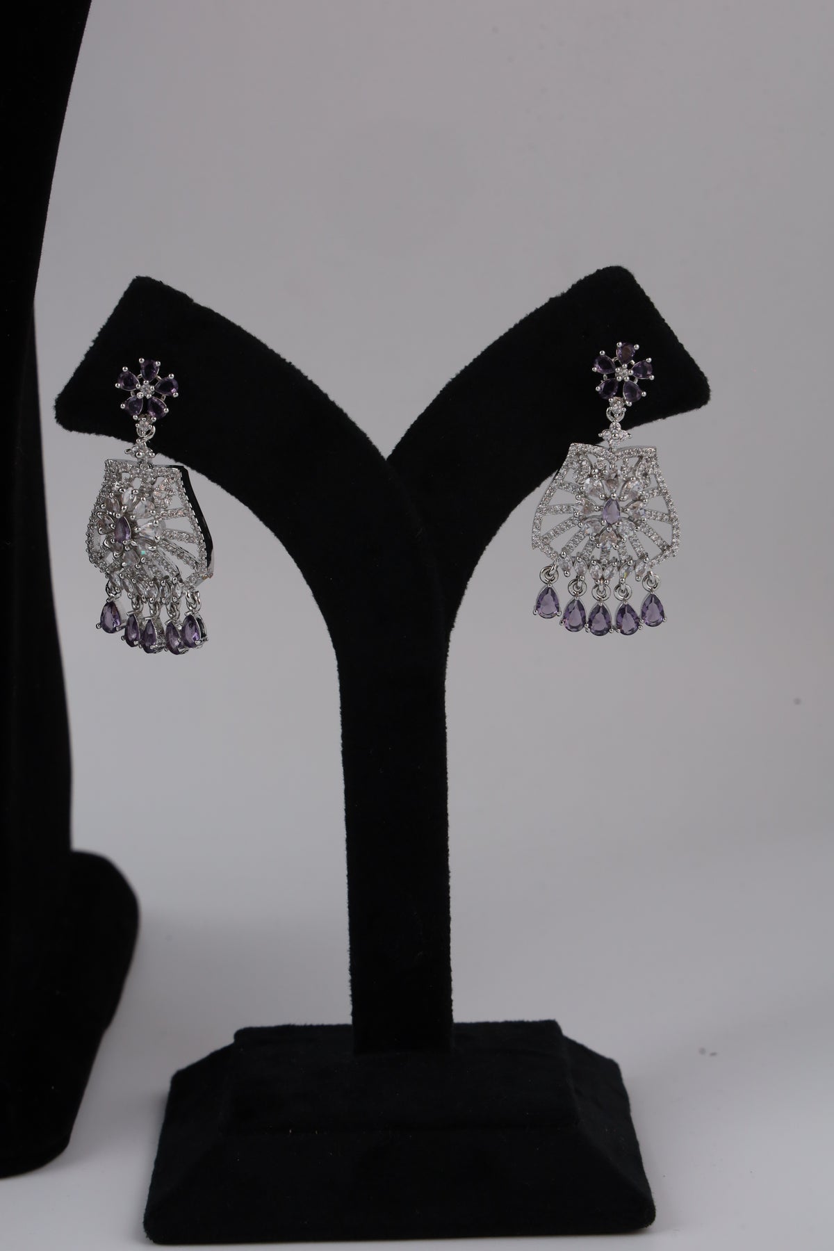 Silver-Tone Statement Necklace Set with Purple Accents & Matching Earrings