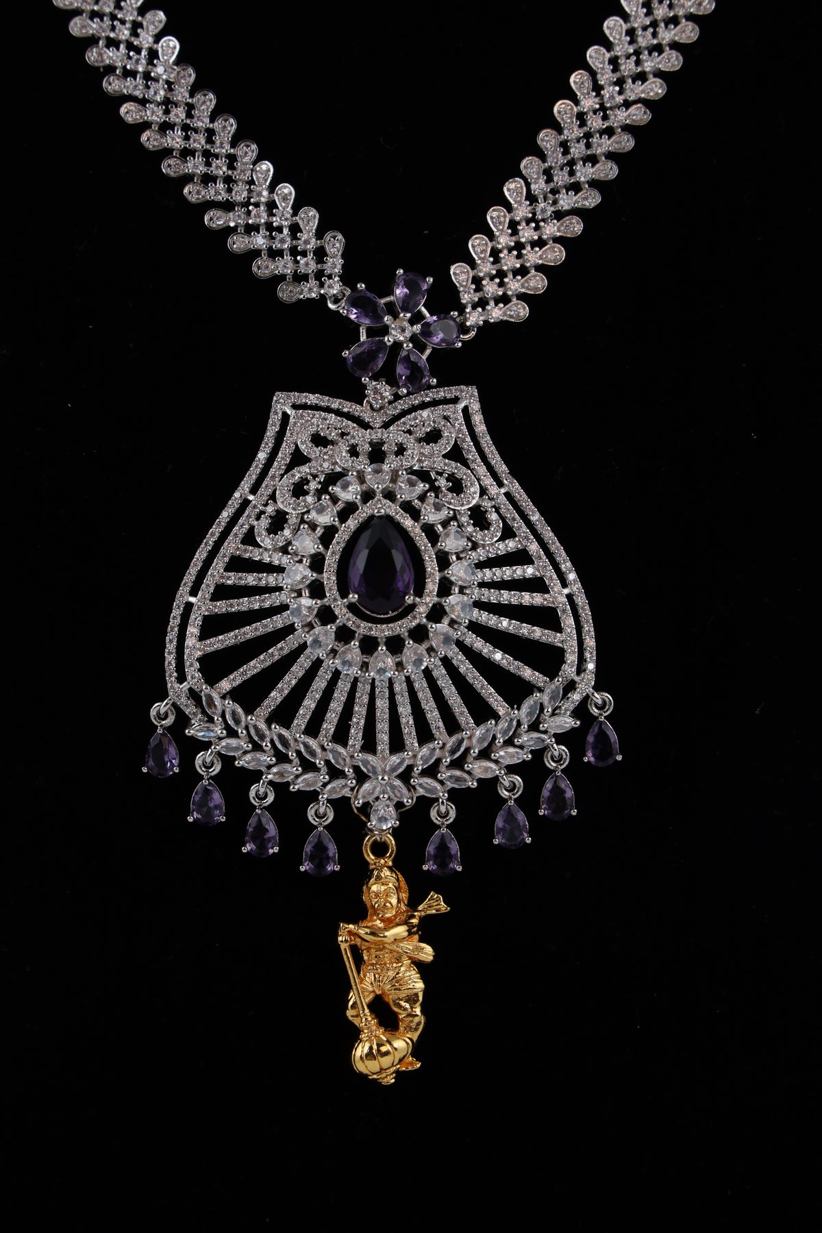 Silver-Tone Statement Necklace Set with Purple Accents & Matching Earrings