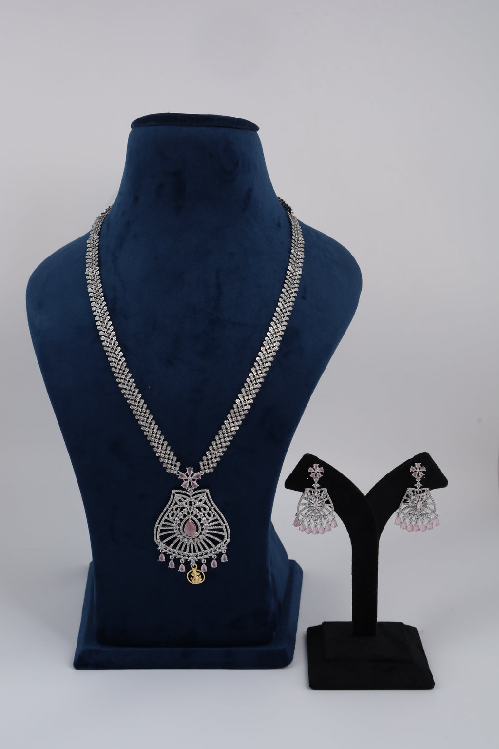 Silver-Tone Statement Necklace Set with Pink Accents & Matching Earrings